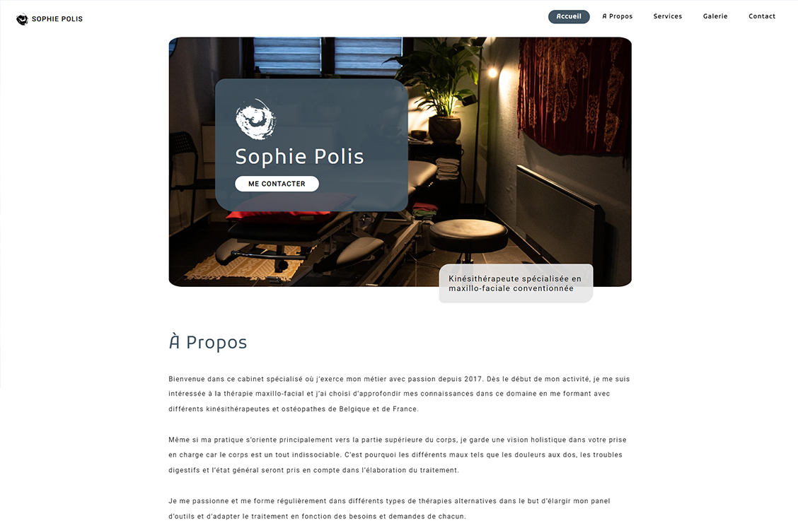 Site web pour Sophie Polis, kinésithérapeute spécialisée en maxillo-faciale, création d'Arthis Web en Formule Basique.