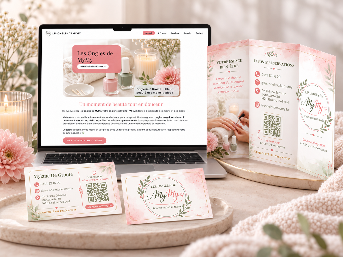 Site vitrine et supports de communication réalisés pour Les Ongles de MyMy à Braine-l’Alleud